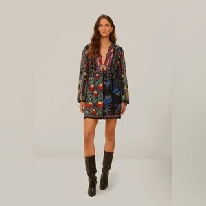 Farm Rio Mixed Arabesque Scarves Mini Dress NWT Size S Long Sleeve Belted